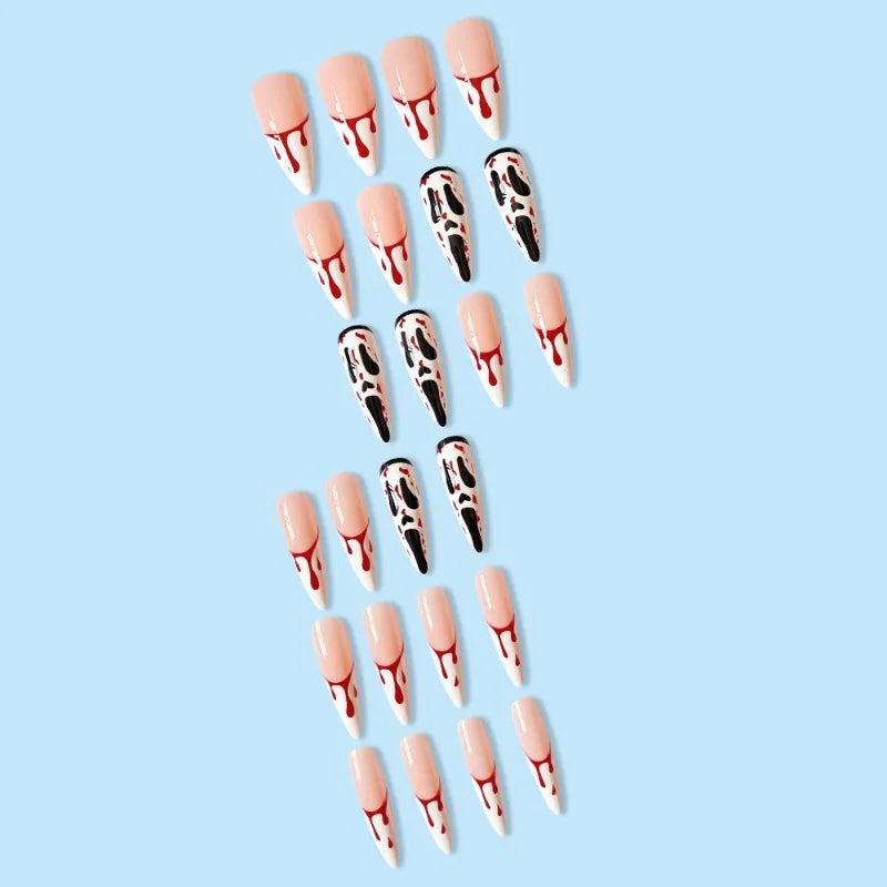 24 Pcs/Set Screaming Ghost Face Halloween Wearable False Nails Press on Nails Art Long Ballet Full Cover Almond Fake Nail Tips