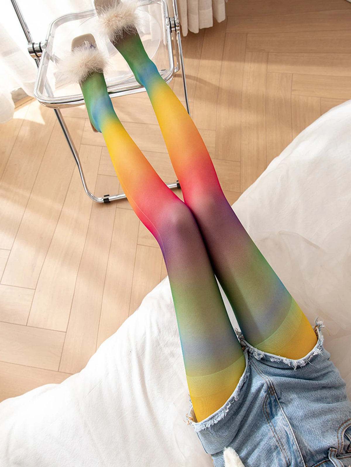 Tights Women Stockings Pantyhose Rainbow Socks Thin Personalized Stripes Colorful Spring Autumn Gradient Pantyhose Party Gift