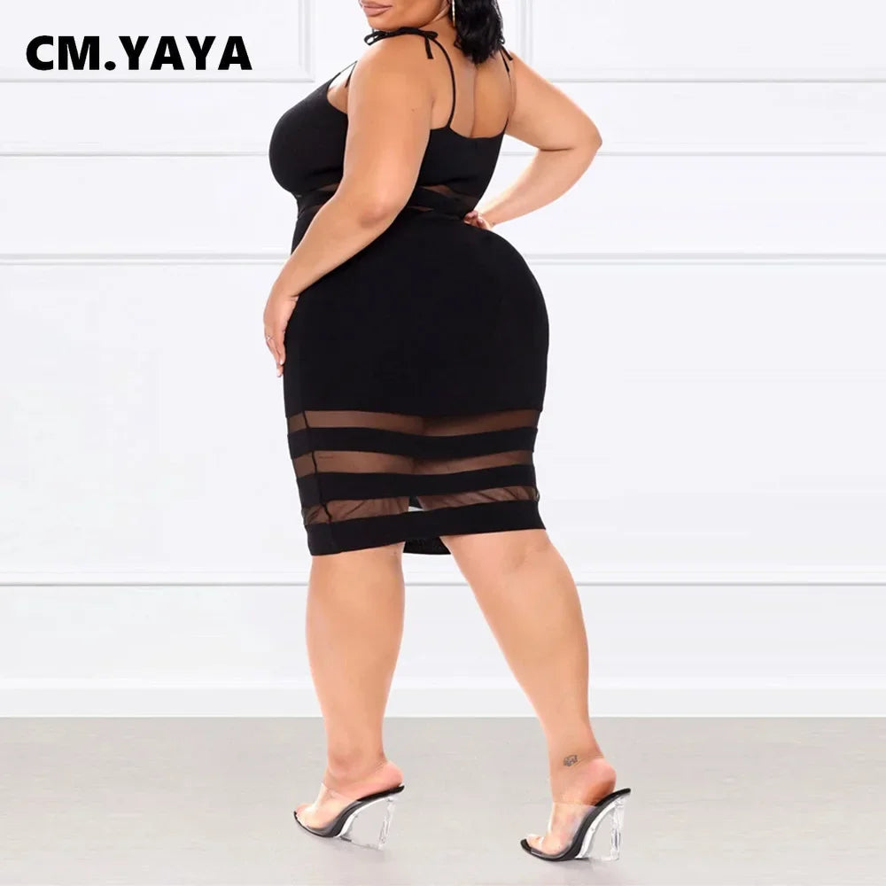 CM.YAYA Plus Size Mesh Patchwork Bodycon Dress – Sexy Night Party Clubwear, Spaghetti Strap Sleeveless Midi Pencil Dress