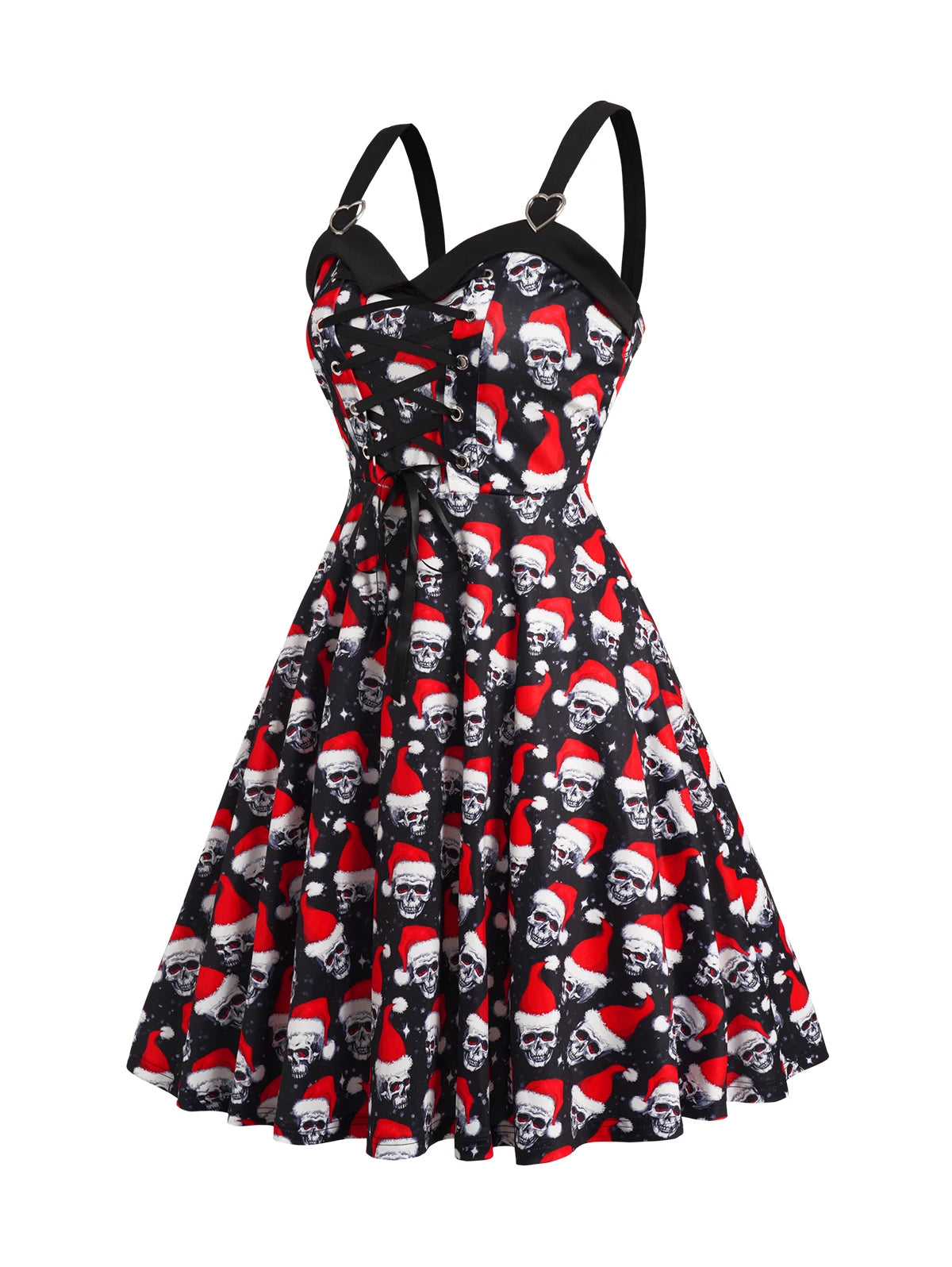 Dressfo Women's Christmas Dress – Cap Skull Allover Print, Lace-Up with Heart Ring, Sweetheart Neck Sleeveless Dress