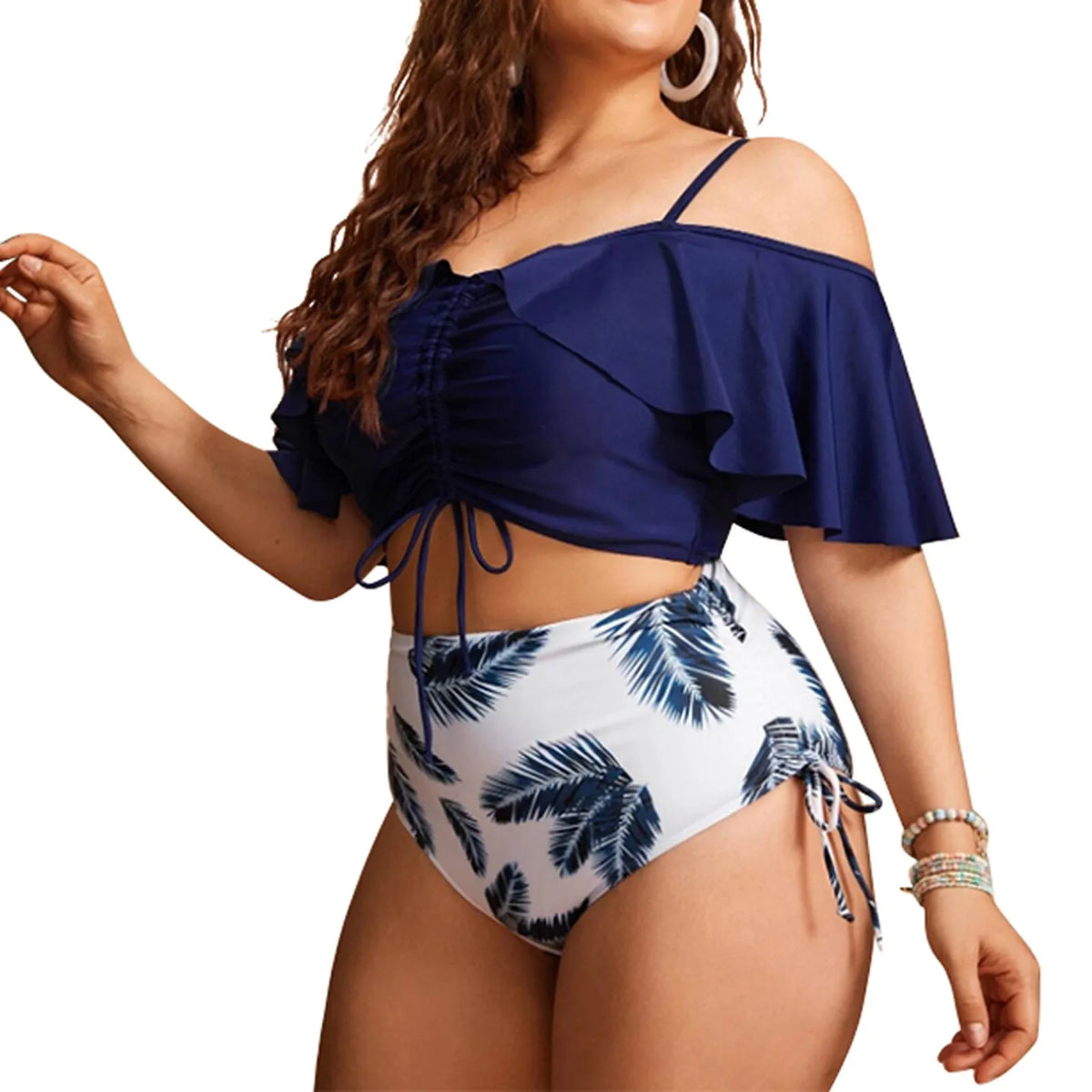 Women's Short Sleeve Ruffle Front Drawstring Top Plus Floral Print Panty Swimsuit | Sexy Female Bathing Suit