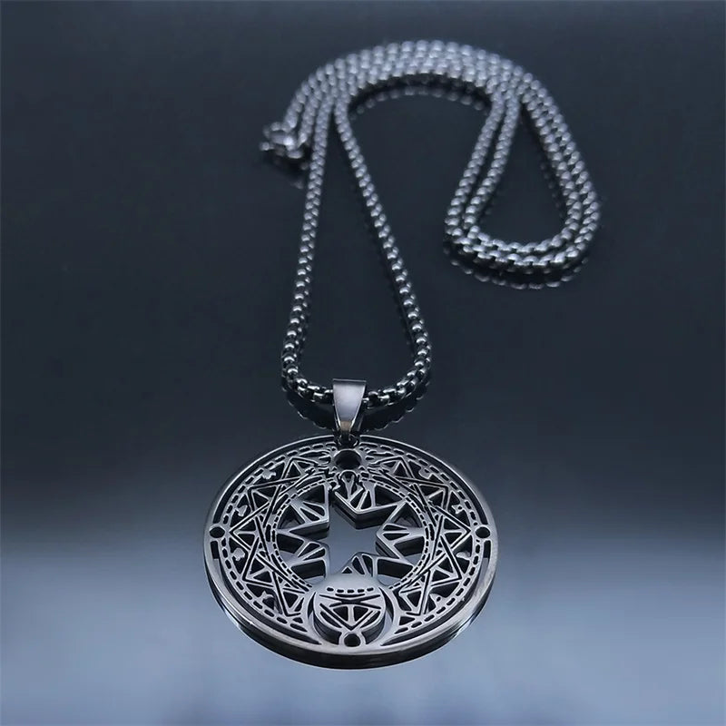 Goth Japan Anime Sakura Magic Circle Necklace - Card Captor Pentacle Hexagram Sacred Geometry Stainless Steel Jewelry (N42)