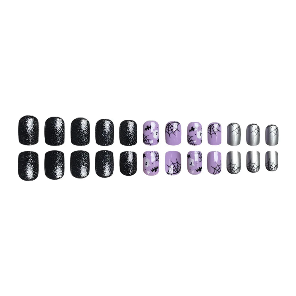 24pcs New Halloween Purple Fake Nails Bat Ghost Cartoon False Nail Short Detachable Press on Nails French Ballerina Nail Art Tip