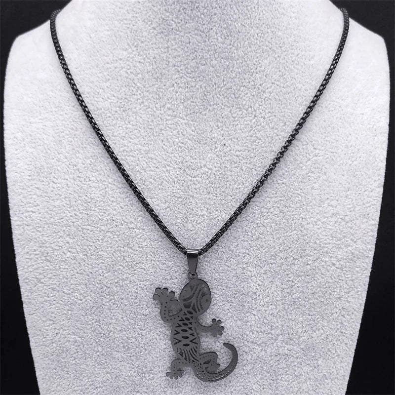 Gothic Lizard Gecko Pendant Necklace – Black Stainless Steel Animal Chain for Women and Men