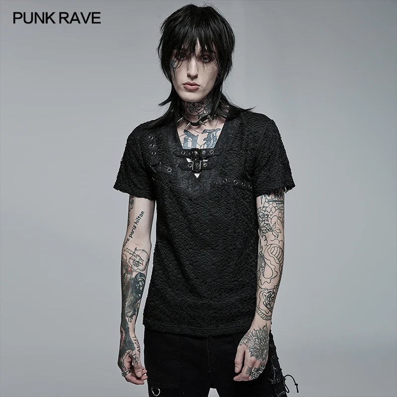 PUNK RAVE Men's Gothic Daily Personality Stylish Mesh V-neck Short Sleeve T-shirt Slim Fit Black Tops Spring Summer