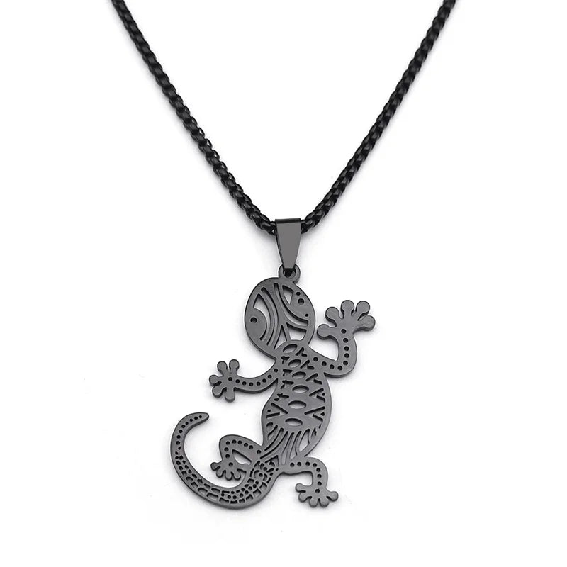 Gothic Lizard Gecko Pendant Necklace – Black Stainless Steel Animal Chain for Women and Men