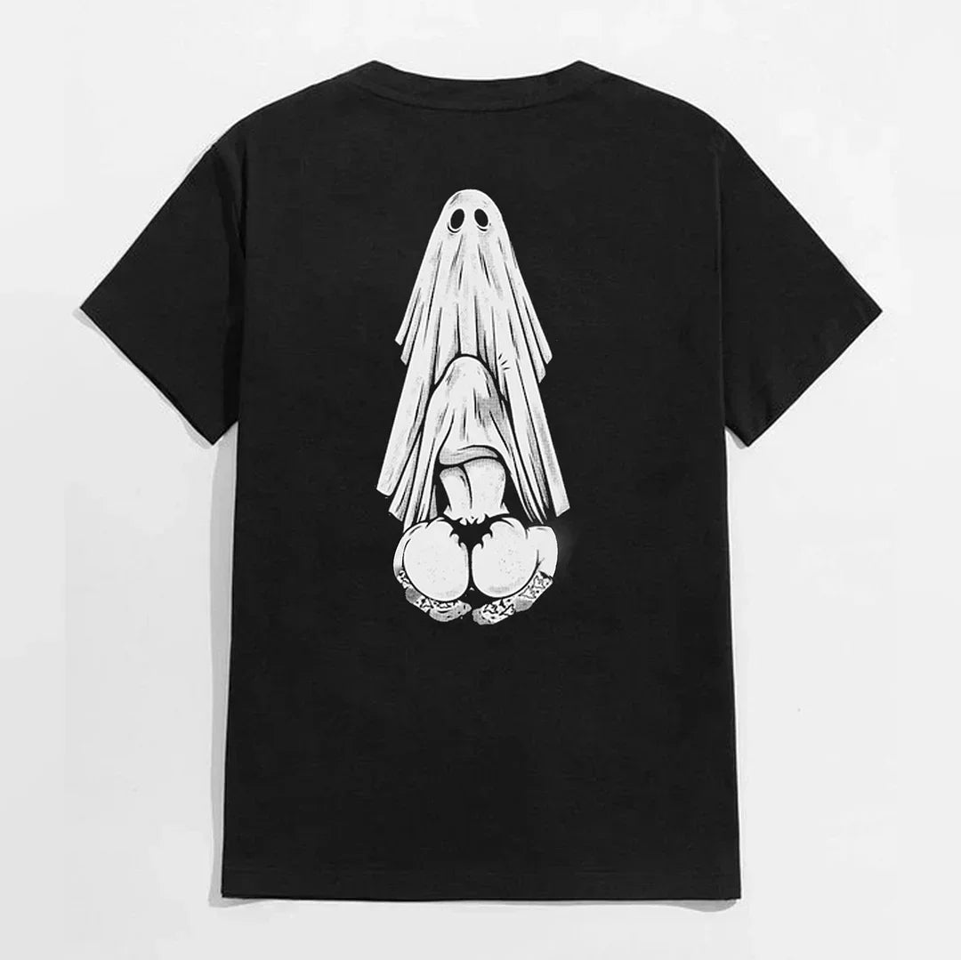 Black Classic Unisex T-Shirt – ‘Hooking Up With Ghosts’ Graphic Print, Casual Cotton Short Sleeve Tee