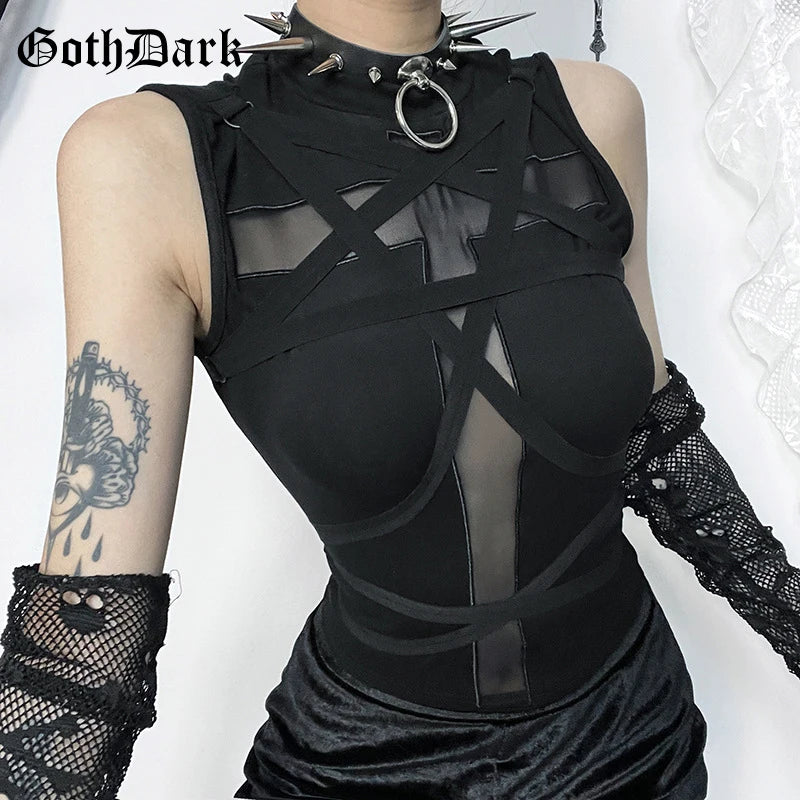 Goth Dark Fairy Grunge Sheer Mesh Crop Top - Gothic Bandage Sleeveless Tank for Women