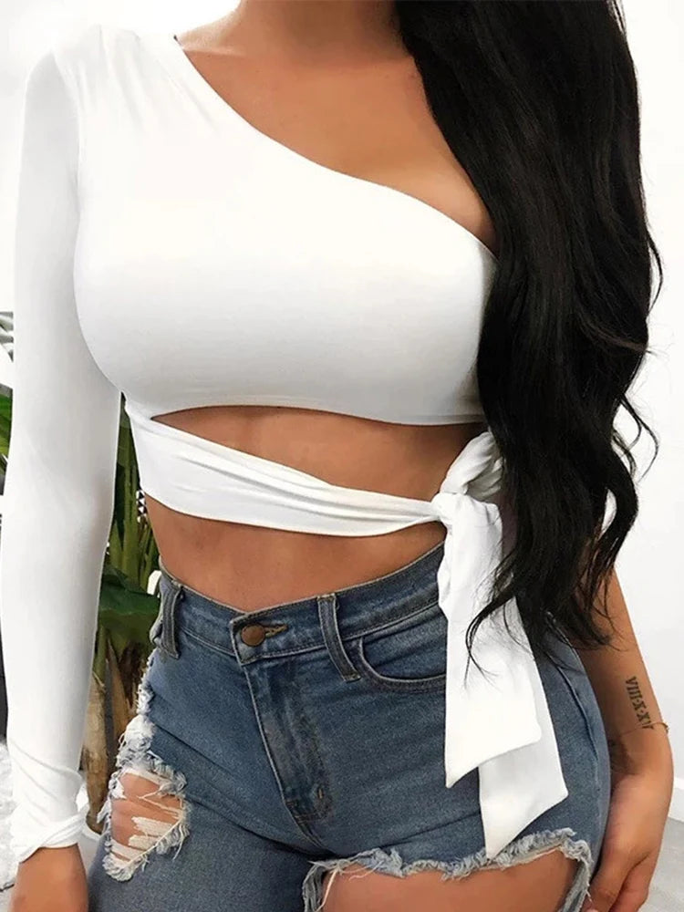 Women’s Bandage Slim Tee Top | Long Sleeve One-Shoulder Bow-Tie Elastic T-Shirt | Sexy Cold Shoulder Crop Top for Club and Streetwear