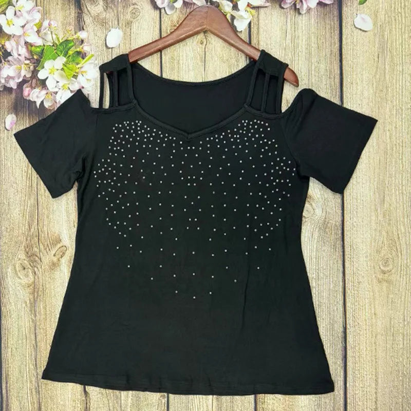 2024 New Off-Shoulder Rhinestone T-Shirt - Women's Plus Size Short Sleeve Top