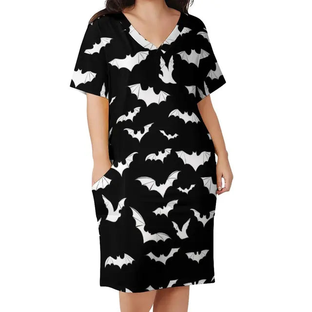 Goth Bat Dress Plus Size Cute Skull Print Korean Fashion Casual Dress Female Spring V Neck Stylish Dresses Gift Idea