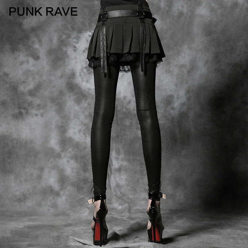 PUNK RAVE Women's Sexy Flocking Bind Lace Leggings - Gothic Retro Black Patchwork Slim Pants