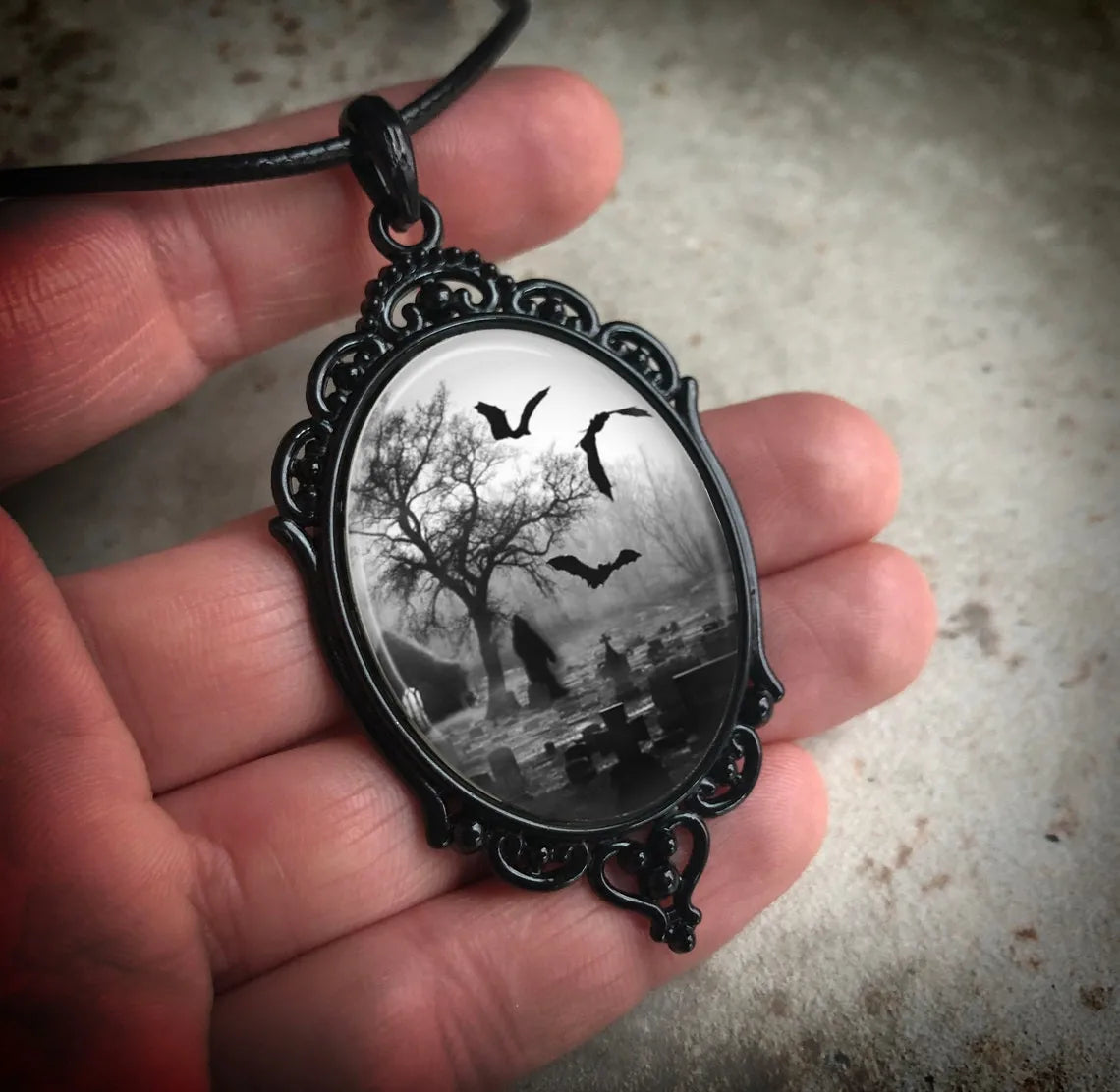 Gothic Cemetery Cameo Necklace - Victorian Black Grim Reaper Death Pendant Jewelry with Graveyard Bats, Halloween Chokers