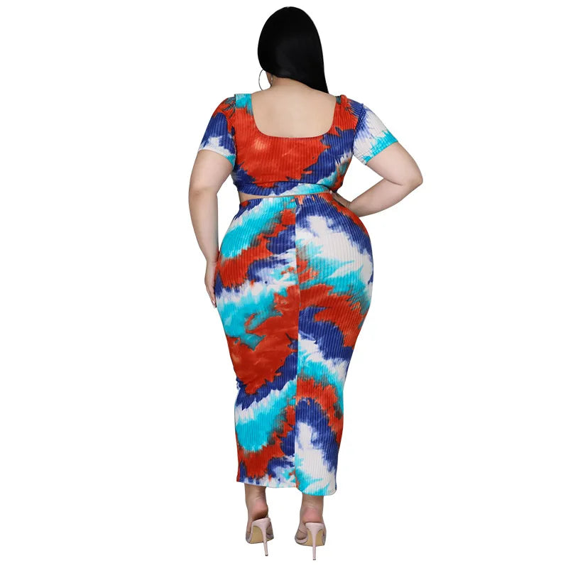 SOMO Plus Size Women’s Summer 2022 Ribbed Stripe Digital Print Two-Piece Skirt Set