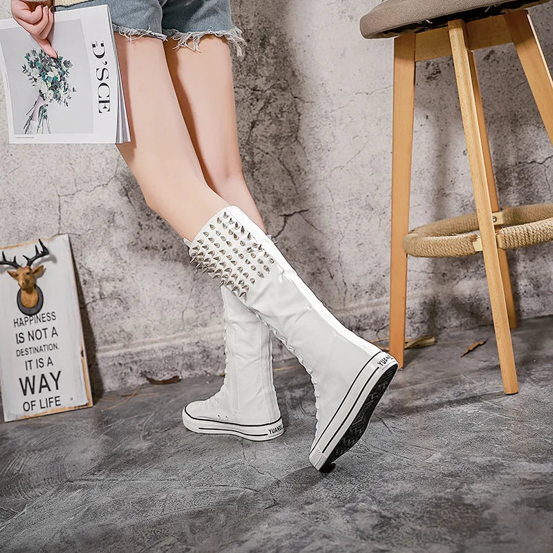 Spiked Rivet High Top Canvas Shoes - Punk Boots with Side Zipper, High Tube Casual Sneakers