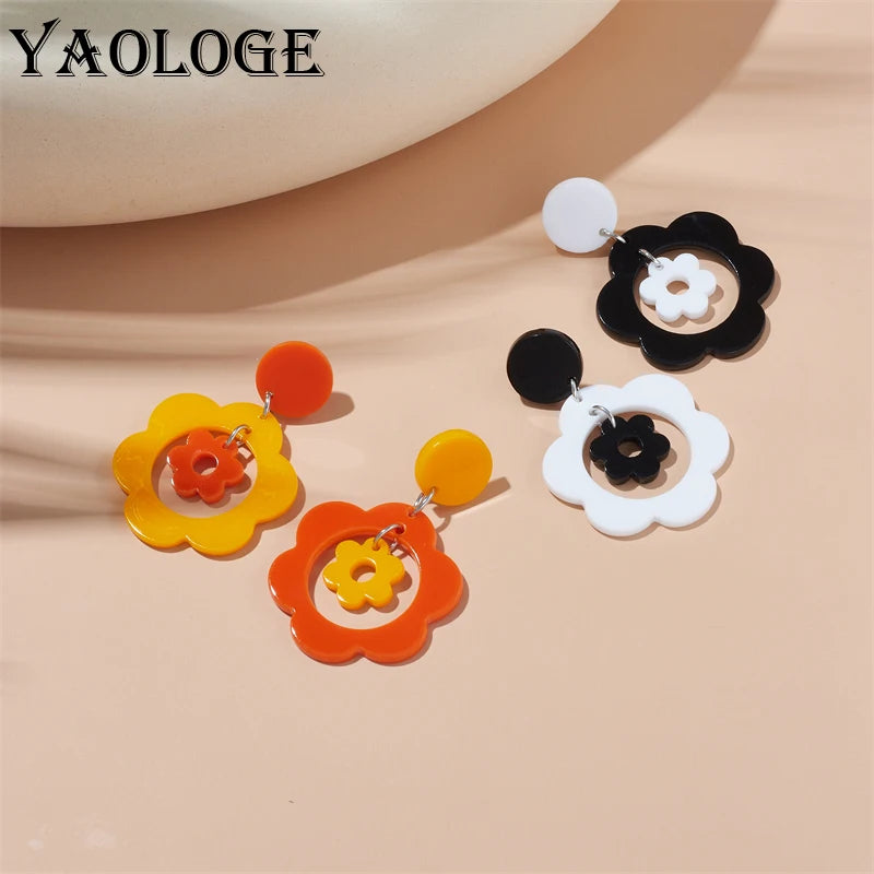 Acrylic Color Blocking Flower Pendant Earrings for Women and Girls - Trendy Drop Jewelry Gift for Parties by YAOLOGE