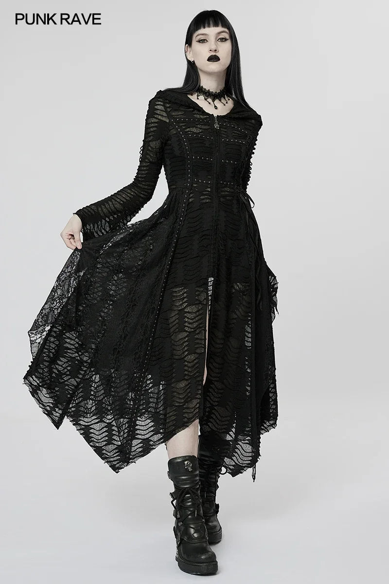 PUNK RAVE Women's Lace Mesh Dark Wizard Coat - Gothic Irregular Long Jacket for Halloween