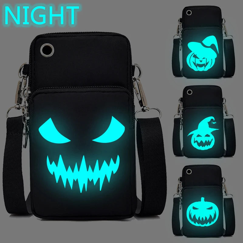 New Halloween Pumpkin Mobile Phone Bag Women Men Luminous Messenger Bag Hanging Neck Purse Vertical Handbag Mini Crossbody Bag