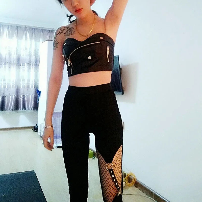 Gothic Punk Harajuku Leather Strap Ring Rivet Pencil Pants - Women’s Black Casual Tight Trousers with Hollow Design