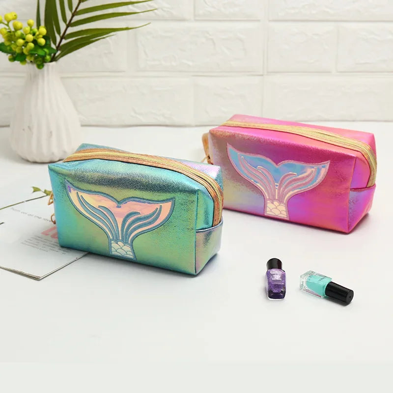 PU Leather Mermaid Tail Women Makeup Bag - Laser Cosmetic Bags for Travel, Waterproof Toiletries Storage for Makeup, Lipstick