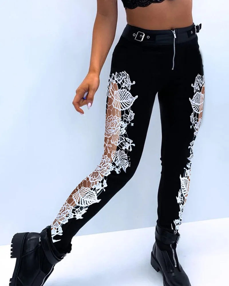 Eyelet Buckled High Waist Zipper Pants – Women’s Punk Solid Color Fashion Casual Sexy Pencil Trousers, Streetwear