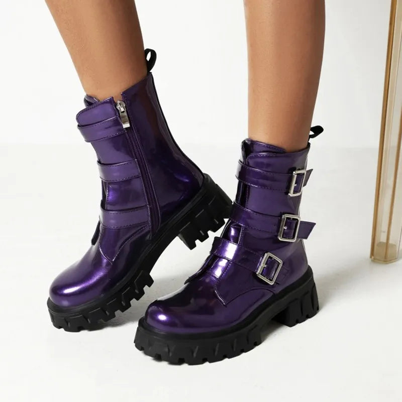 Chunky Heels Motorcycle Buckle Boots for Women | Patent Leather | Black & Purple | Flat Platform Ankle Boots | Ladies Thick Sole