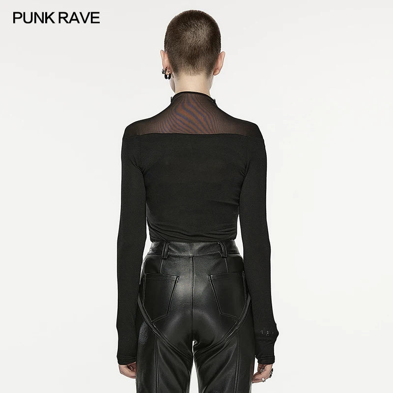 PUNK RAVE Women's Punk Heartbeat Mesh Long Sleeve T-shirt Daily  Stand Collar Finger Hole Design Dark Soft Elastic  Tops