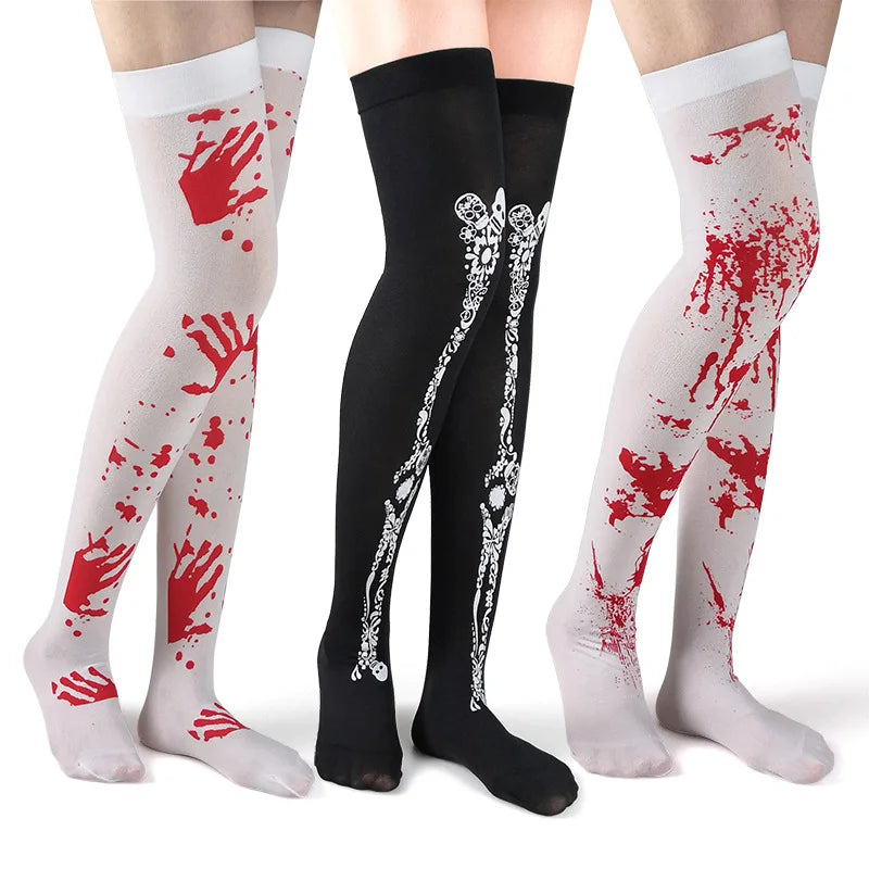 Women's Halloween Blood Bone Print Stockings - Skull Skeleton Over-the-Knee Socks, Thigh-High Cosplay Accessories