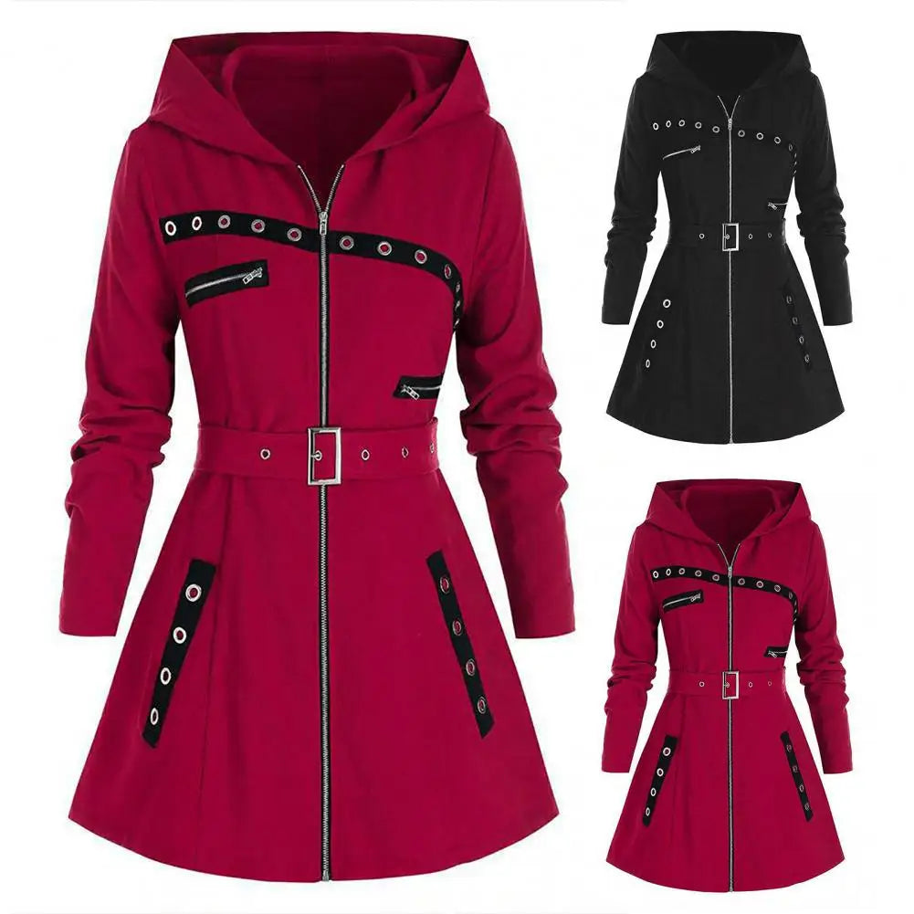 Stylish Coat Gothic Women Winter Coat Pocket Punk Style A-line Autumn Coat  Thermal