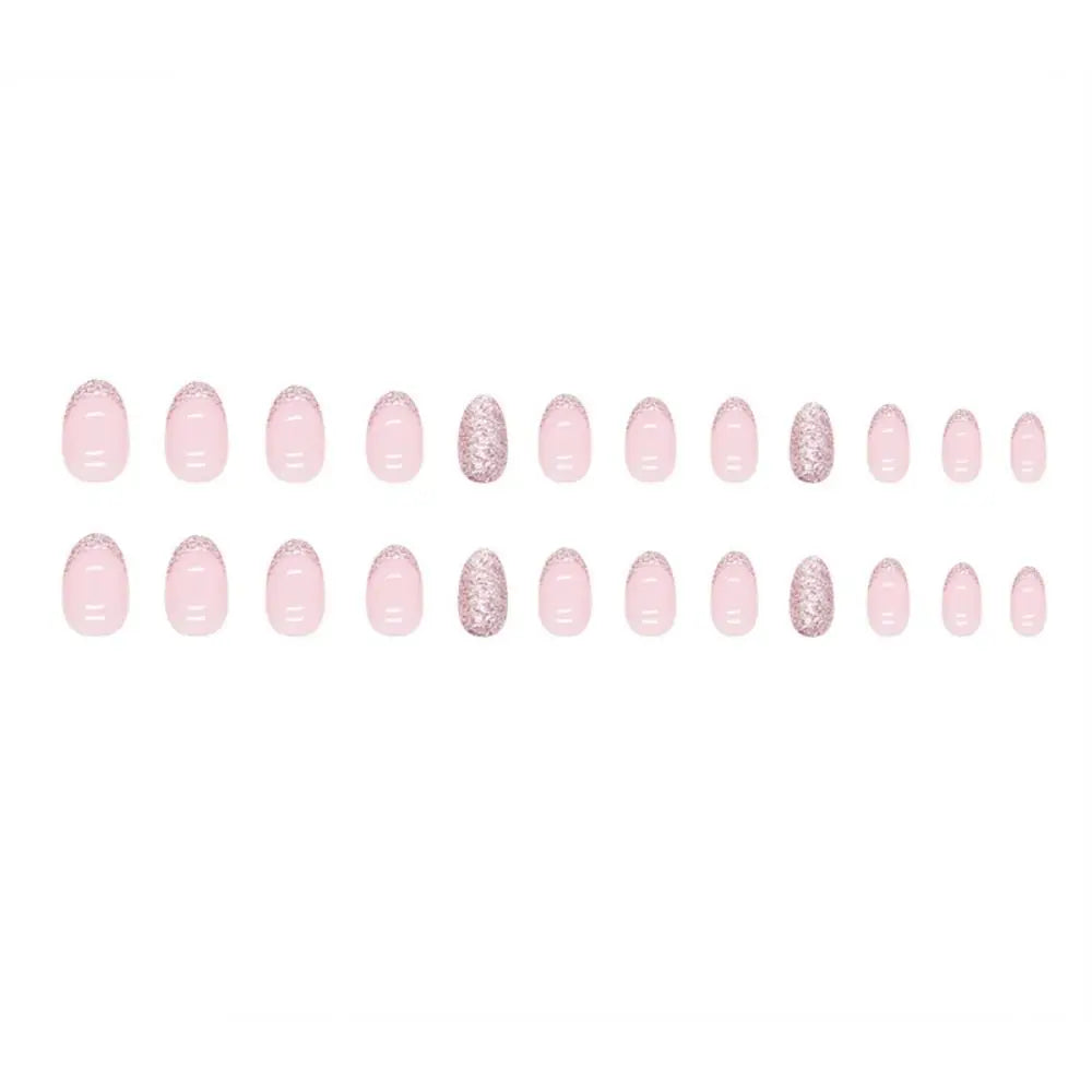 24Pcs Almond Glitter False Nails – Short Full-Finished Round Fake Nails, French Style Full Cover Press-on Nail Tips for Women