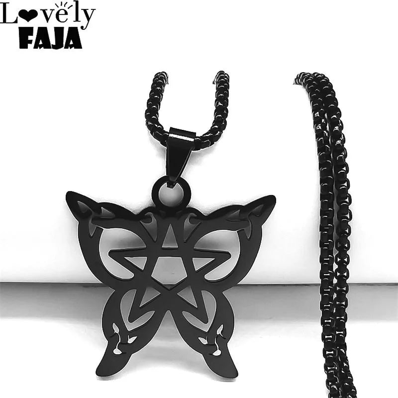 Goth Witchcraft Pentagram Butterfly Pendant Necklace - Stainless Steel Celtic Pentacle Necklaces, Witchy Jewelry