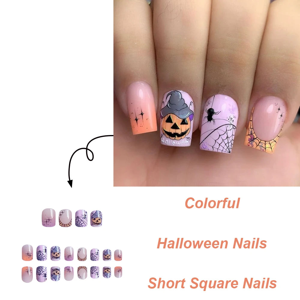 24pcs Halloween Simple Square Press-On Nails – Colorful Flower Design Full Cover Fake Nail Tips