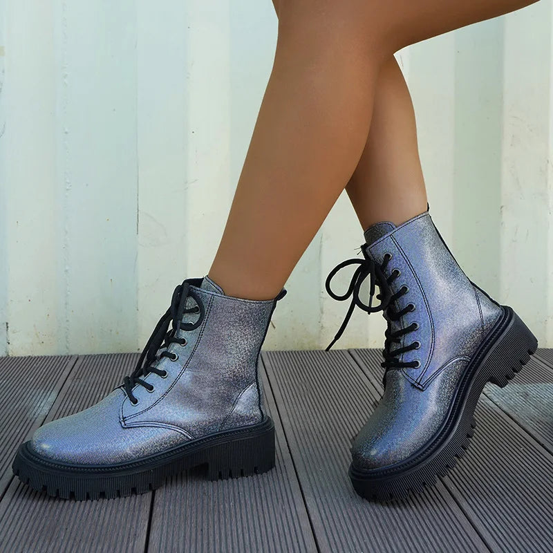 Lucyever Patent Leather Ankle Boots for Women | 2023 Punk Gothic Color Motorcycle Boots | Fashion Thick Bottom Lace-Up Shoes