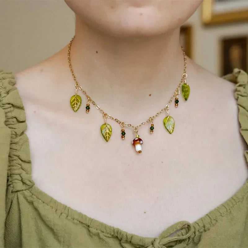 Forest Fairy Mushroom Charm Necklace - Fairycore Y2K Beaded Jewelry Set