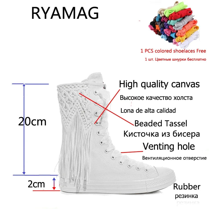 Ryamag New Women’s Short Beaded Tassel Canvas Boots - Embroidery Lace-Up Zipper Comfortable Vulcanized Sneakers