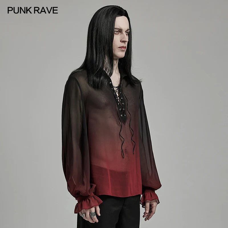 PUNK RAVE Men's Gothic Pattern Light Perspective Chiffon Gradient Shirt Classic Loose Gentleman Lantern Sleeves Tops