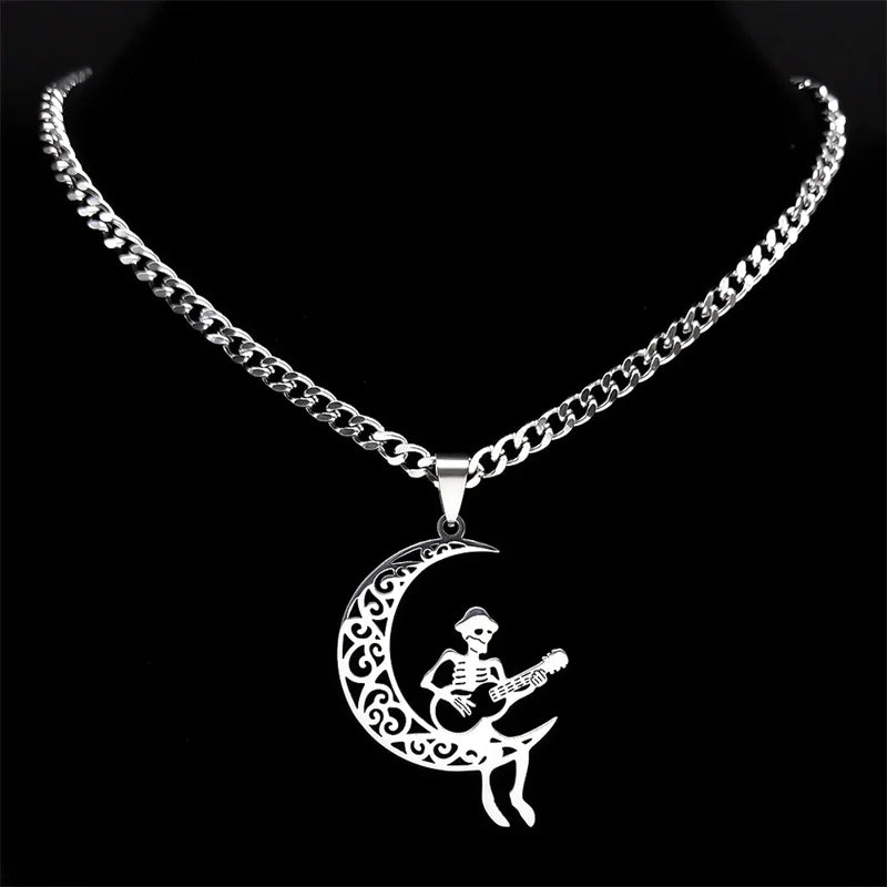 Moon Crescent Skeleton Skull Guitar Necklace – Stainless Steel Silver Jewelry for Women