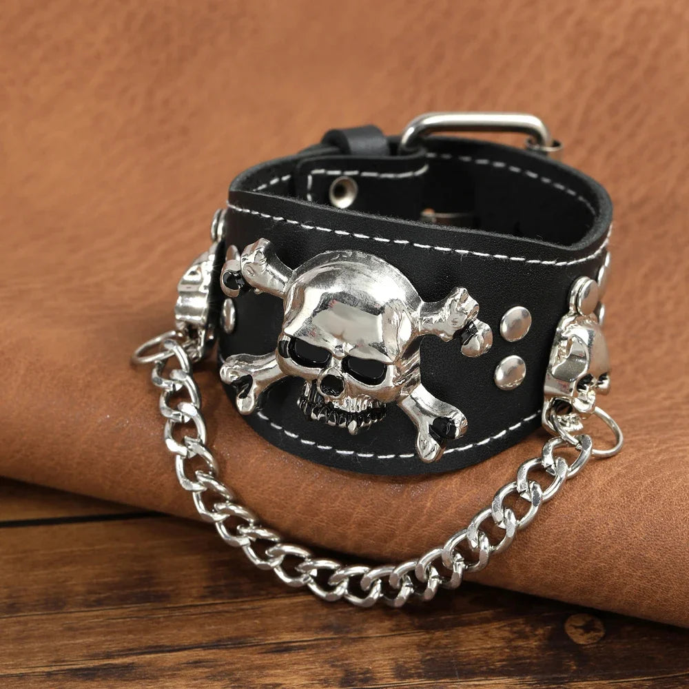 Handcrafted Skull Bracelet in Vintage Style - Wide Leather Cuff with Woven Genuine Leather and Rivets, Charming Men's Jewelry