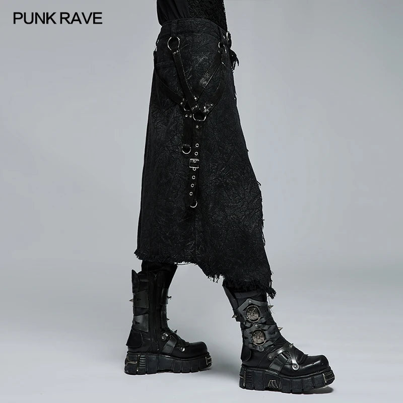 PUNK RAVE Men's Gothic Dark Textured Printed Stylish Kilt Decorated Which Is Detachable Leather Loop Party Club Men Skirts Pants