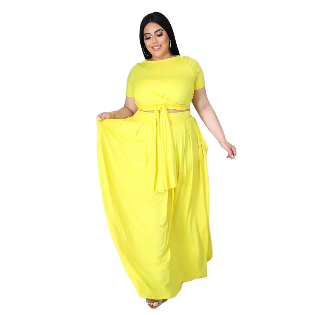 Plus Size Summer Two-Piece Set – Elegant Solid Cross Bandage Skirt and Short Sleeve Top, Women’s Outfit