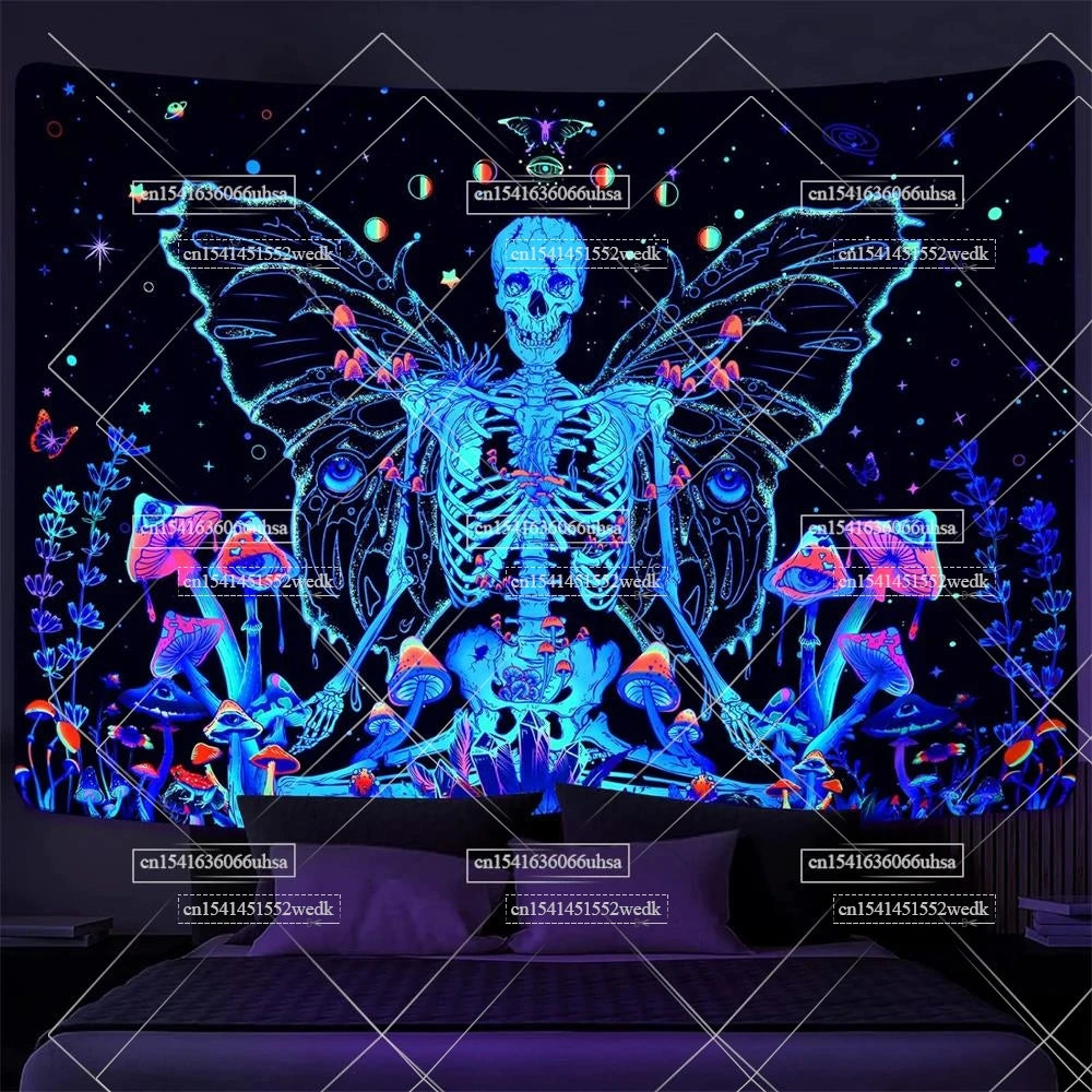 Blacklight Skull Tapestry - Aesthetic UV Reactive Butterfly and Mushroom Neon Skeleton Moth Posters