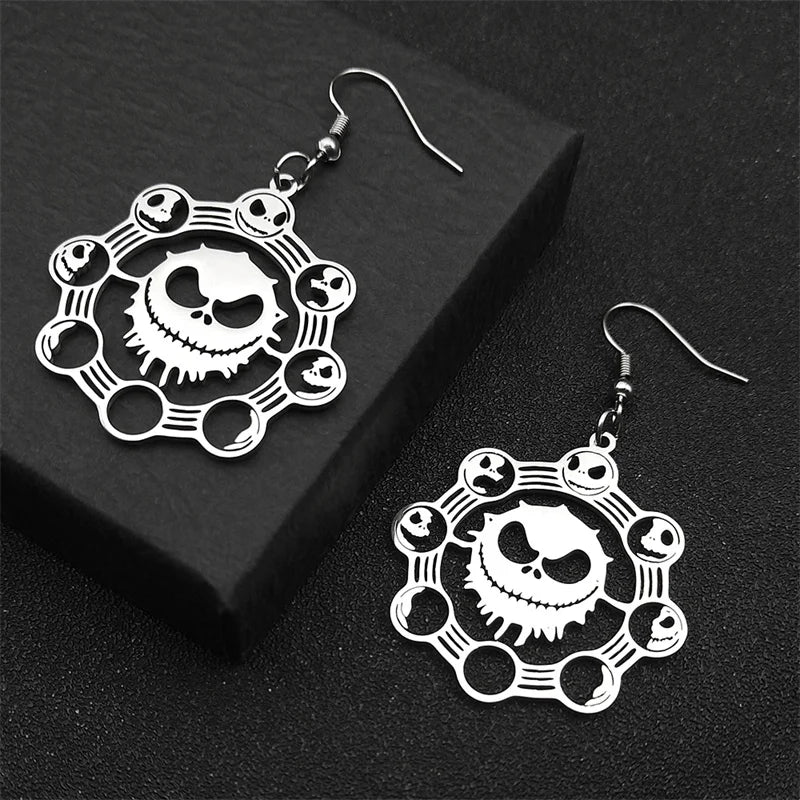 Gothic Stainless Steel Skull Moon Drop Earrings – Skeleton Dangle Earrings in Silver Color, Jewelry Gift for Women and Men