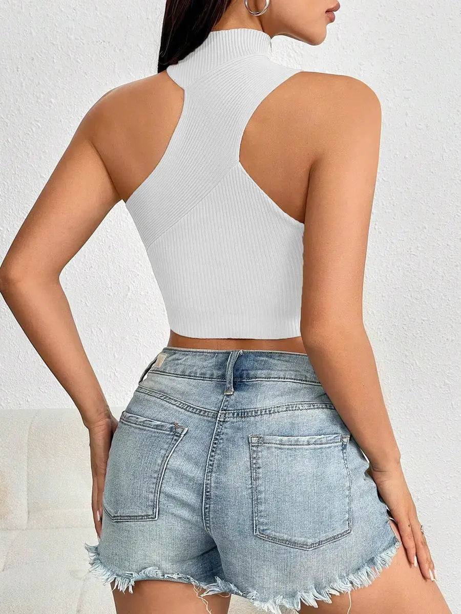 Women’s Sexy Off-Shoulder Asymmetrical Turtleneck Knit Crop Top - Cut Out Backless Rib-Knit Sleeveless