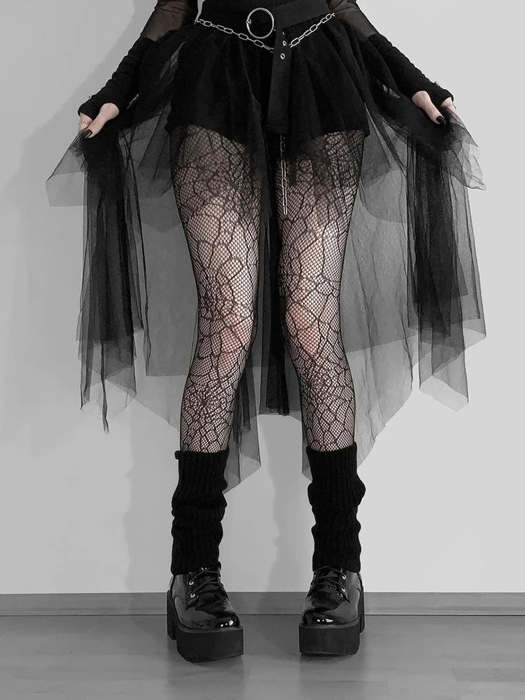 AltGoth Harajuku Alternative Goth Sheer Mesh High Wasted Irregular Hem Skirt