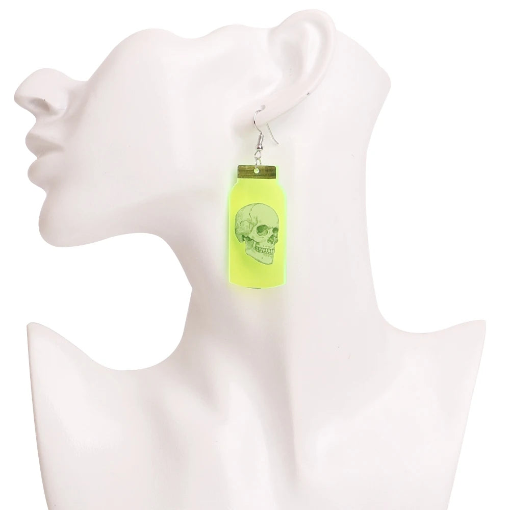 Trendy Skull Ghost Halloween Drop Earrings – Fluorescent Green Spider Bottle Acrylic Dangle Earrings for Women