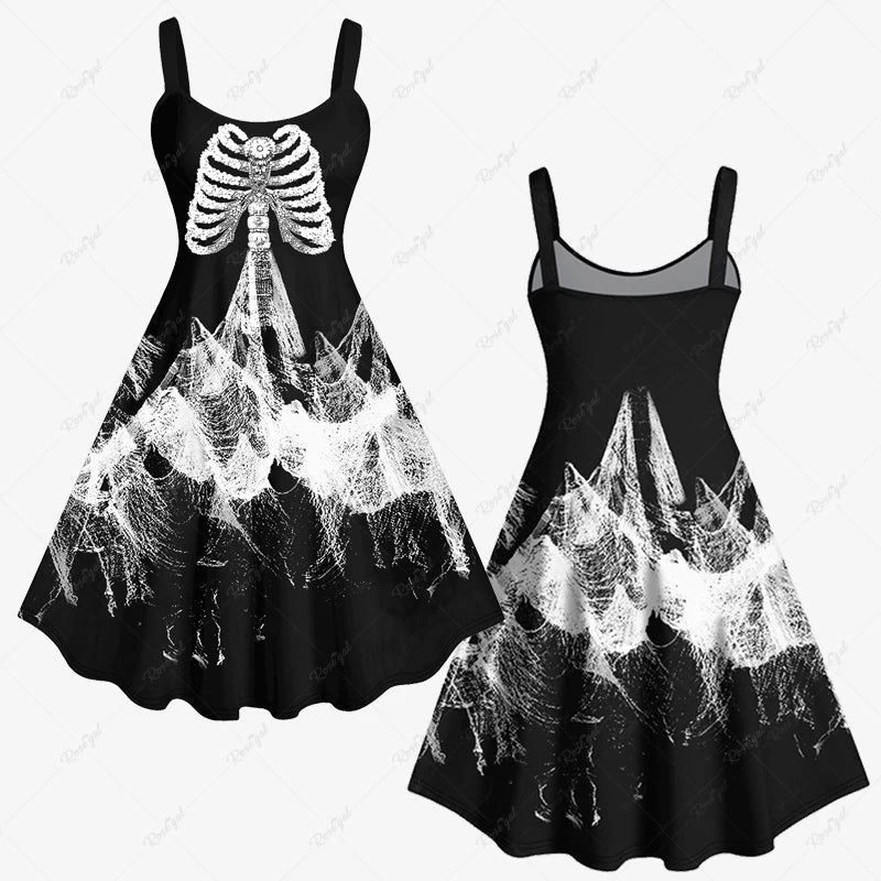 3D Skeleton Rags Printed Halloween Tank Dress for Women 2023 - Summer Sleeveless Casual Dresses XS-6X