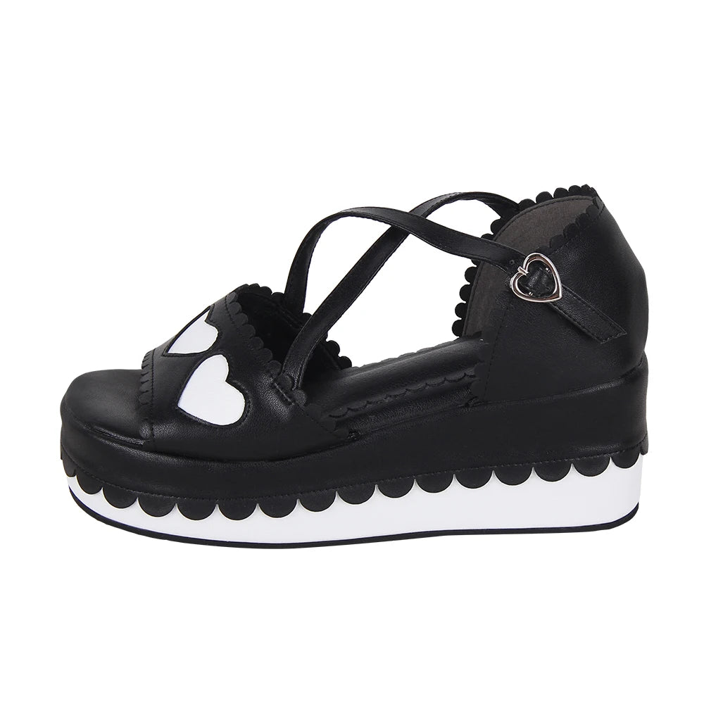 Women and Girls Lolita Punk Rock Black and White Sandals - 7cm Platform Shoes with Heart Accents