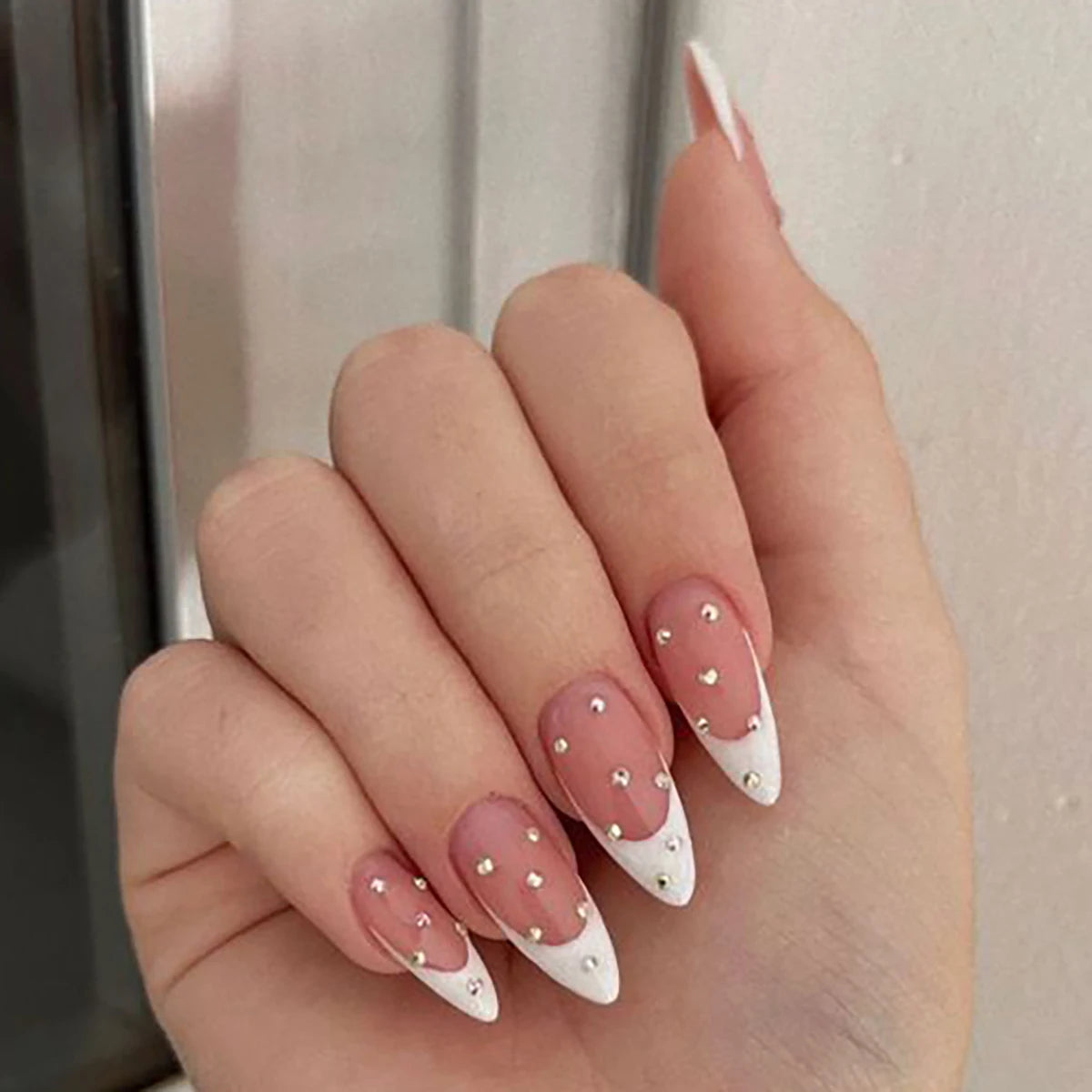 24 Long Almond White French Patterned 3D Diamond Gloss Fake Nails with 1 Nail File and Jelly Glue