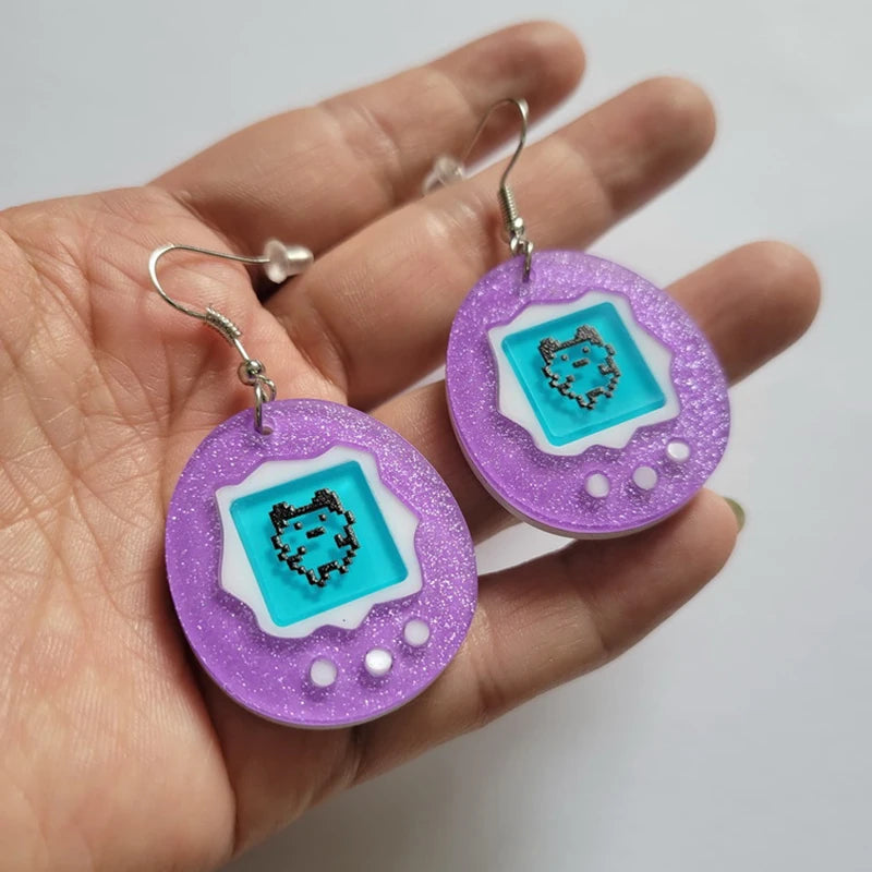 Cute Simulation Purple Electronic Pet Egg Acrylic Earrings - Funny Cartoon Game Drop Earrings Gift for Women