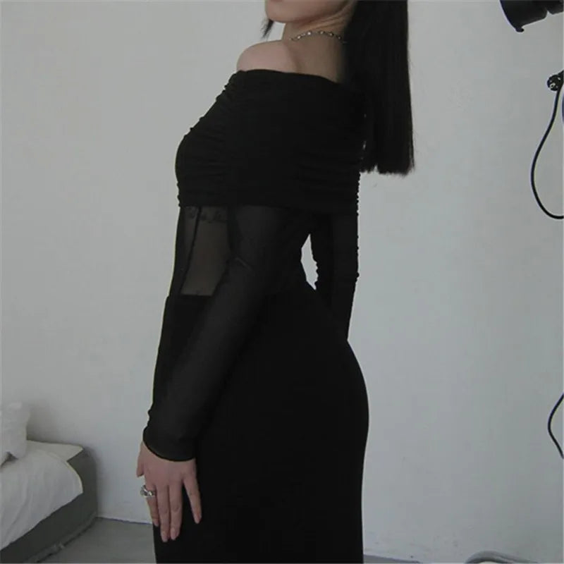 Goth Dark Black Party Gown – Sexy Mesh Patchwork Off Shoulder Maxi Dress, Y2K E-Girl Slim Bodycon Dress for Mall Goth Women